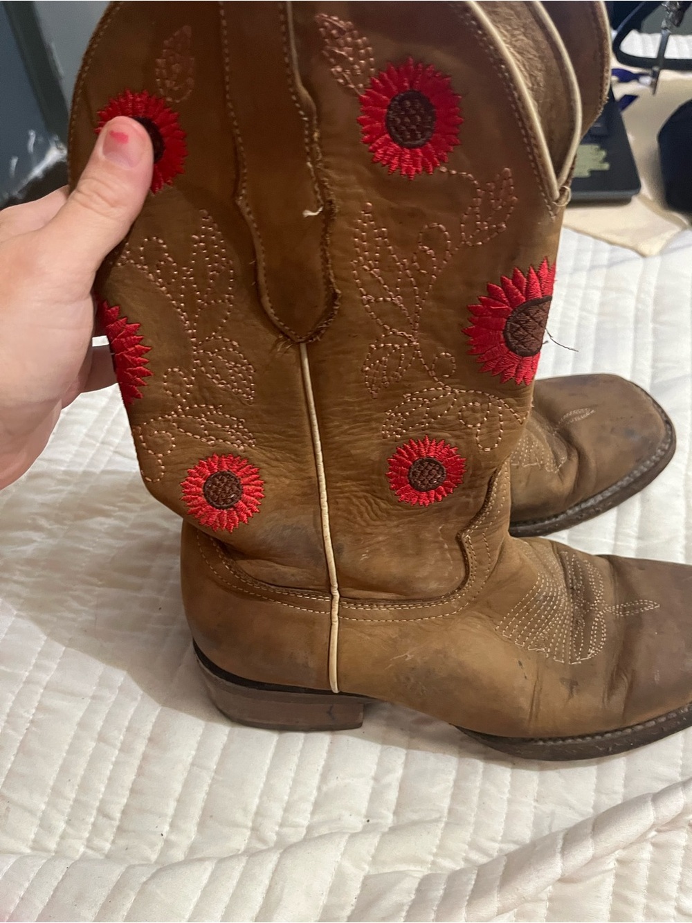 Brown Leather Western Boots with Red Sunflower Embroidery